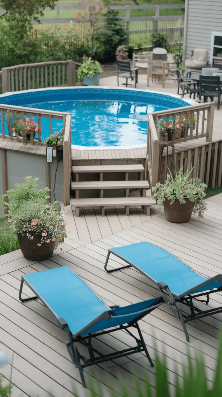 Above-ground pool with wooden decking and lounge chairs, surrounded by plants and flowers.