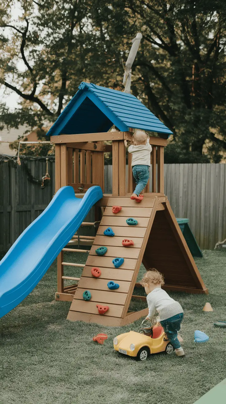 Children playing on a wooden climbing structure with a slide in a backyard setting.