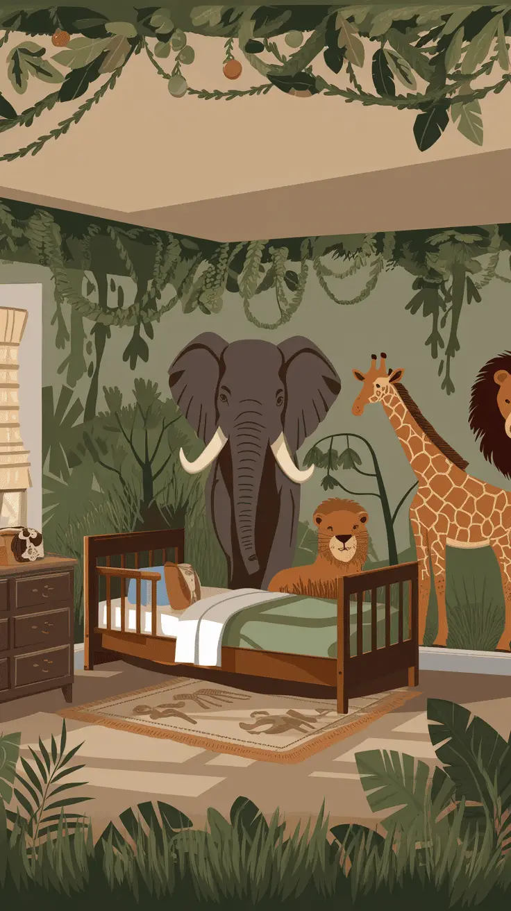 A toddler boy's bedroom with an animal safari theme, featuring a bed with green bedding, an elephant, lion, and giraffe on the walls, and a natural color palette.