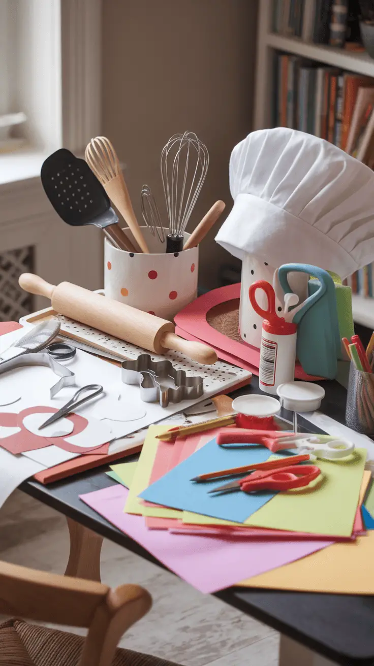 A colorful artisan crafting area with kitchen tools, featuring bright paper, a rolling pin, scissors, and a cutting board.