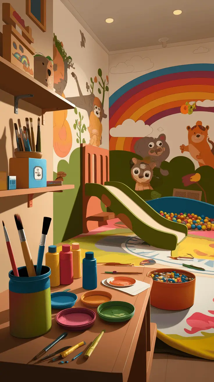 A colorful toddler boy bedroom with playful wall art, a slide, and art supplies.