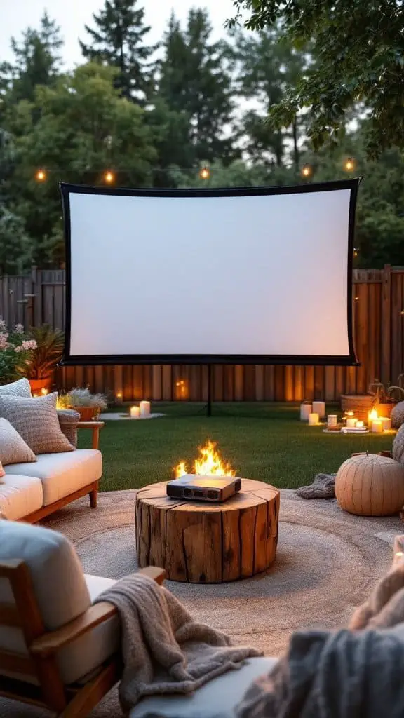 Cozy backyard movie setup with a projector and seating area