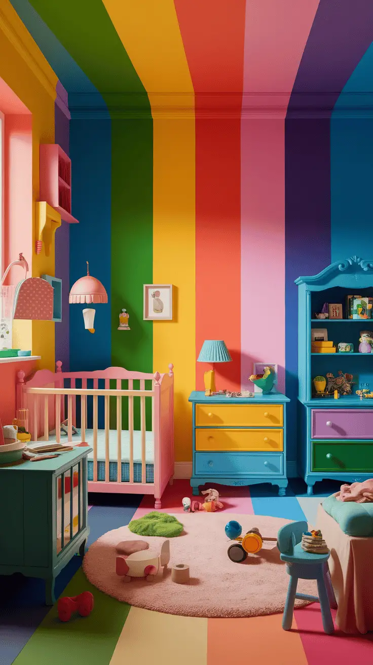 A colorful toddler boy bedroom with striped walls in various colors, a pink crib, and playful decor.