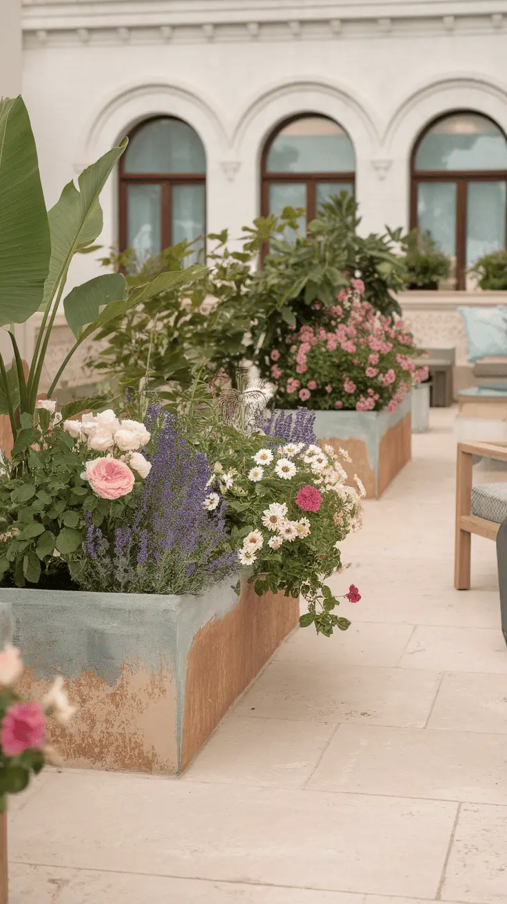 A view of vibrant built-in planters filled with flowers in a modern outdoor space.