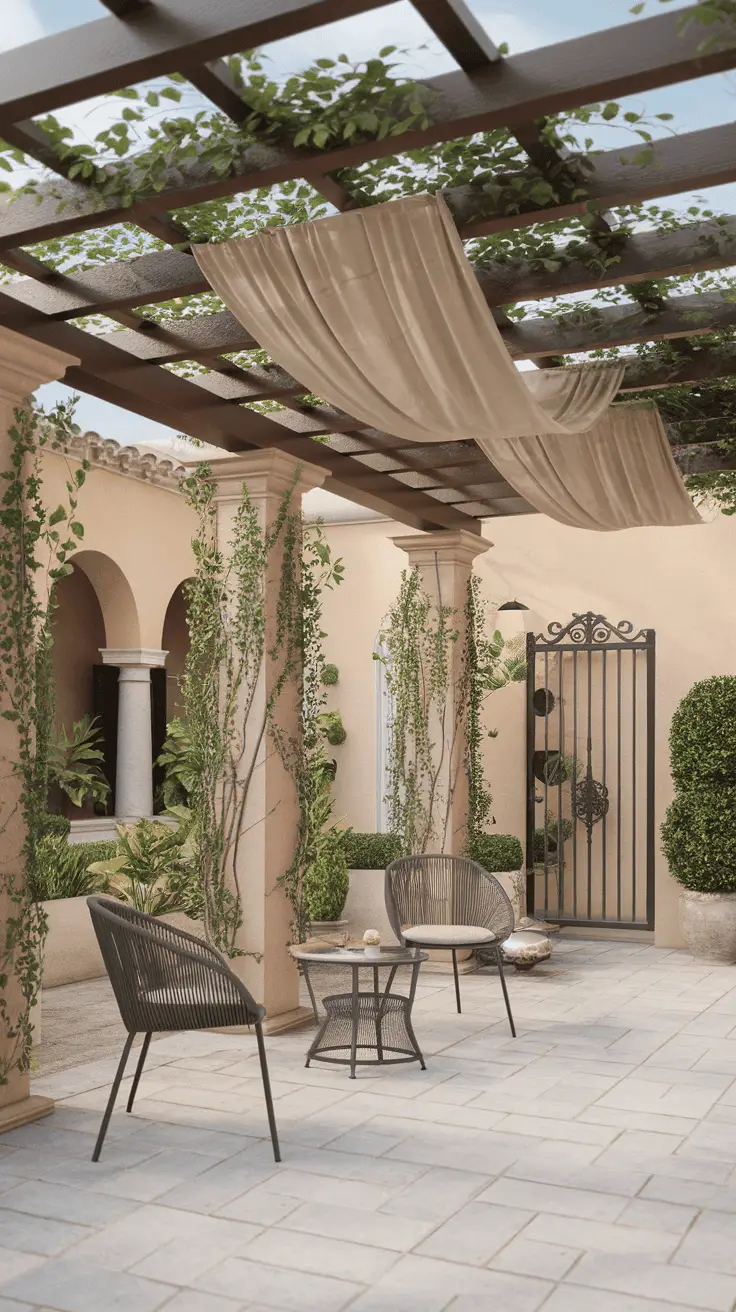 A beautifully designed pergola with climbing plants and a cozy seating area.