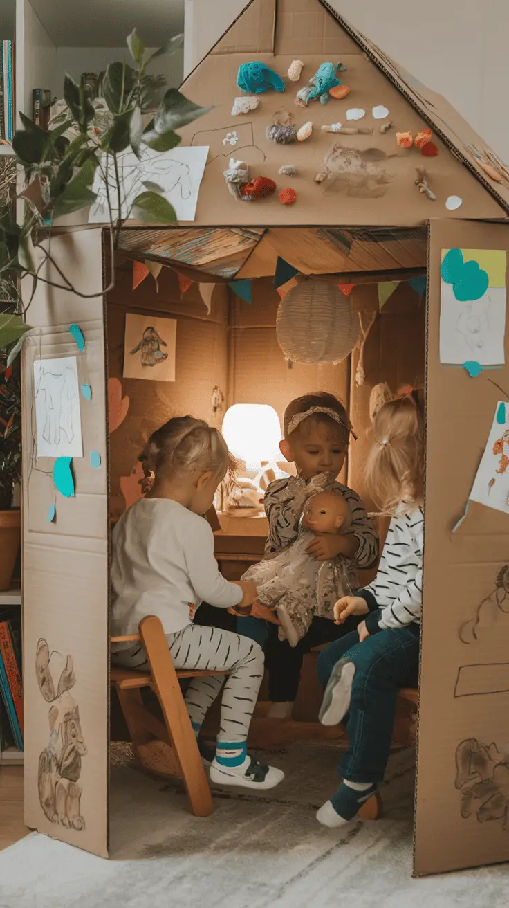 Children playing inside a decorated cardboard box fort