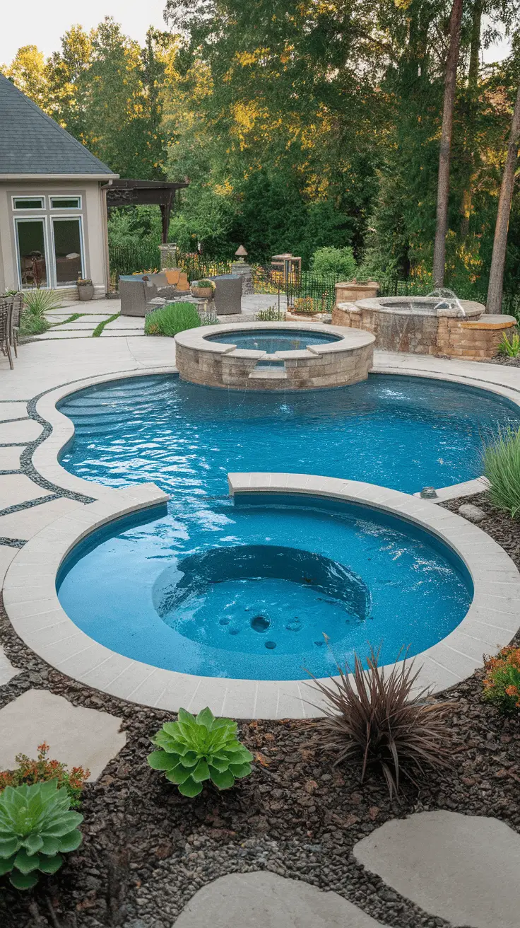 Circular pool with a detached hot tub, surrounded by landscaping and pavers.