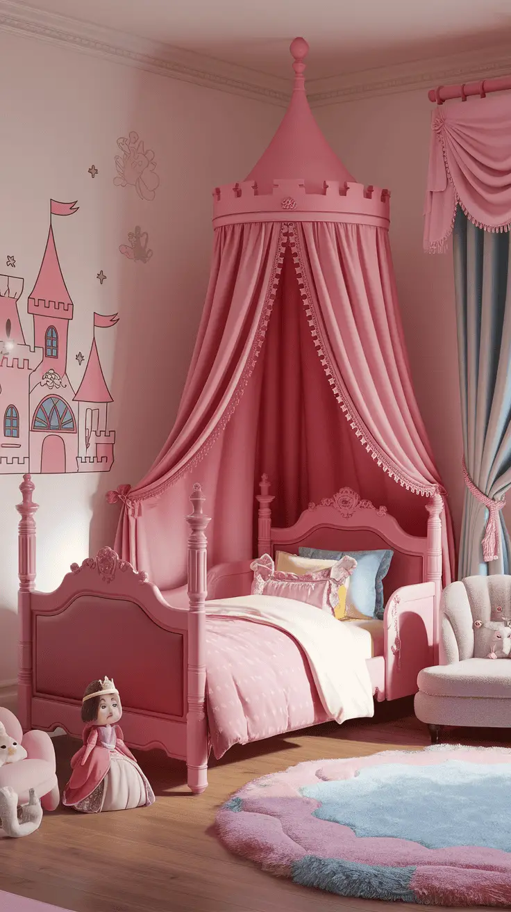 A beautifully designed pink toddler bedroom with a crown canopy bed, plush toys, and castle wall art.