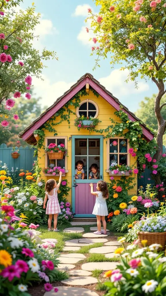 A colorful playhouse surrounded by flowers in a kids backyard play area.