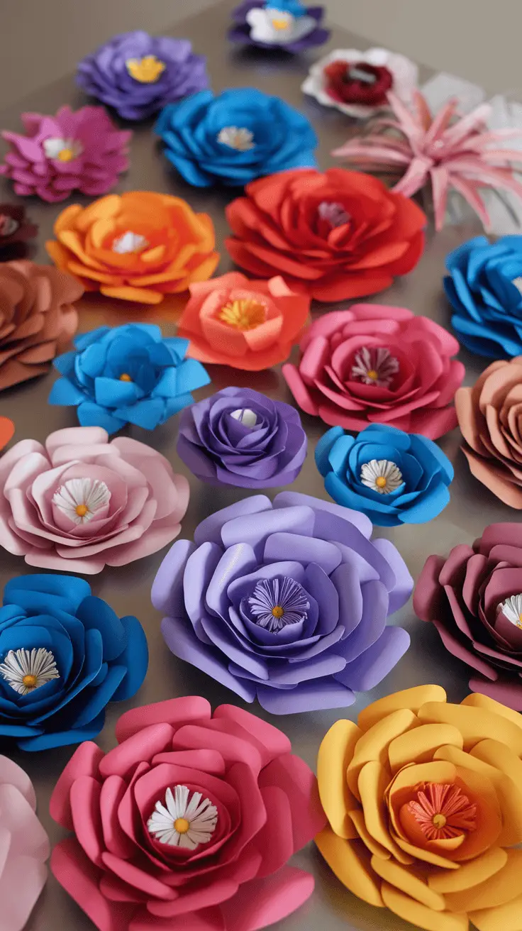 A colorful array of paper flowers in various shapes and colors, featuring pink, blue, red, purple, and orange blossoms.