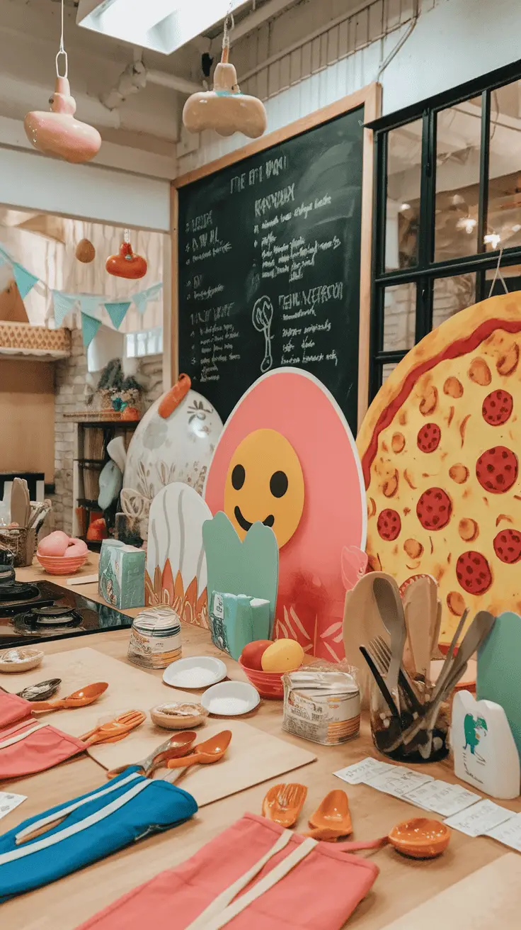 A colorful cooking class setup featuring playful food decorations and utensils.