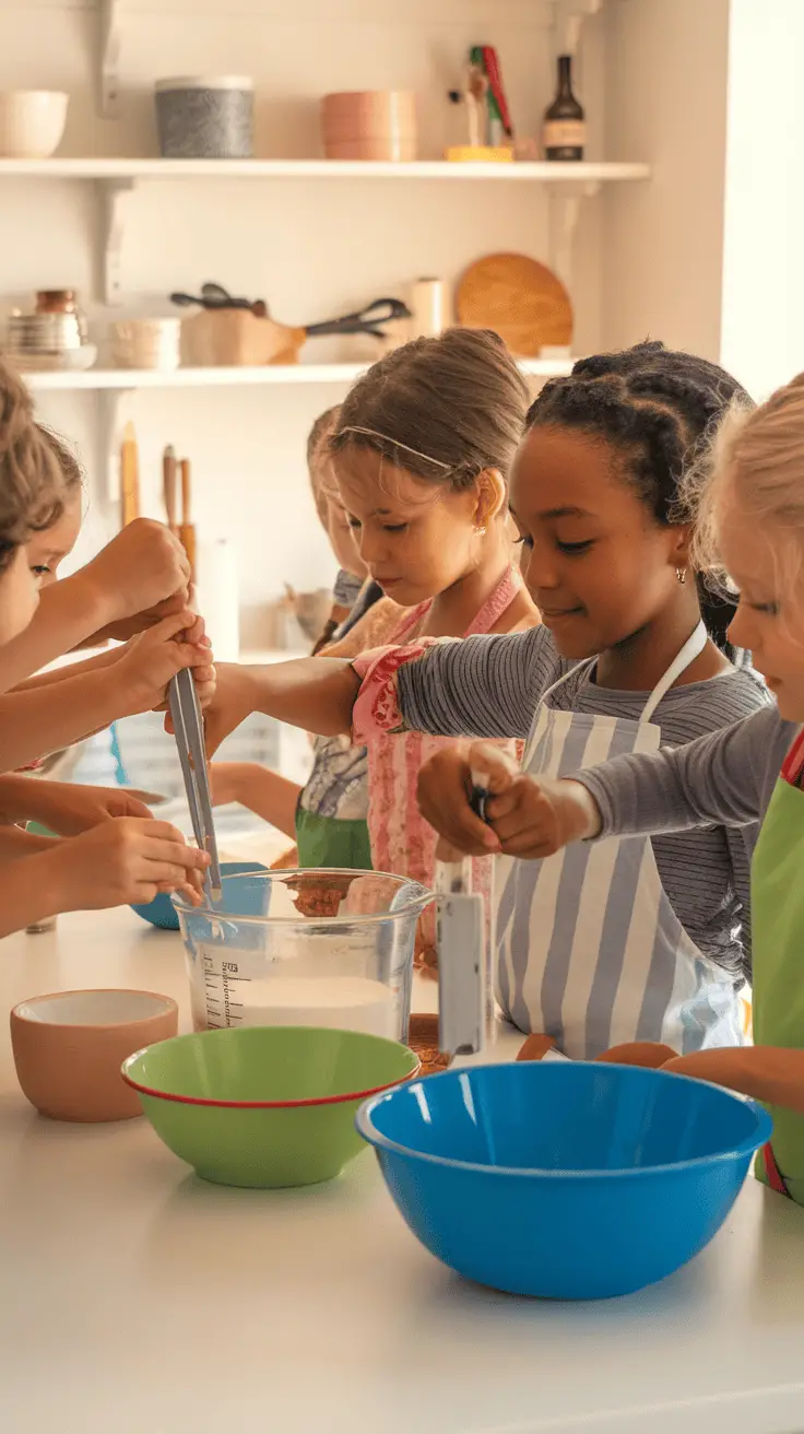 Children cooking together in a kitchen, measuring ingredients and preparing food.