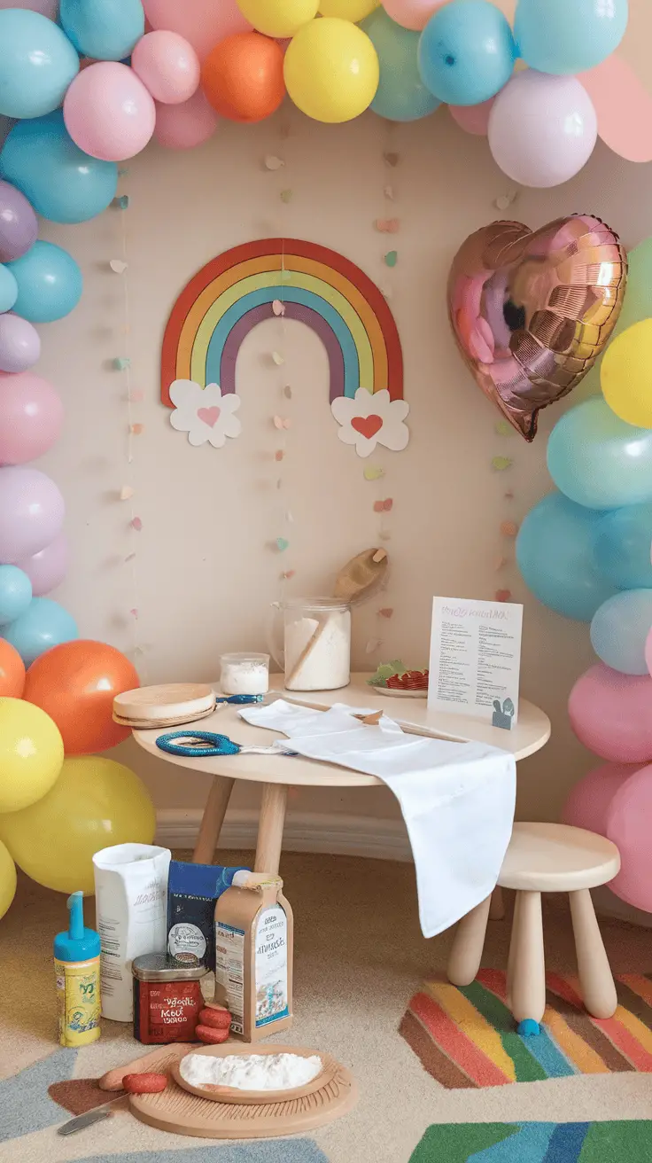 A colorful baking corner for kids with balloons, a rainbow, and real baking ingredients on a small table.