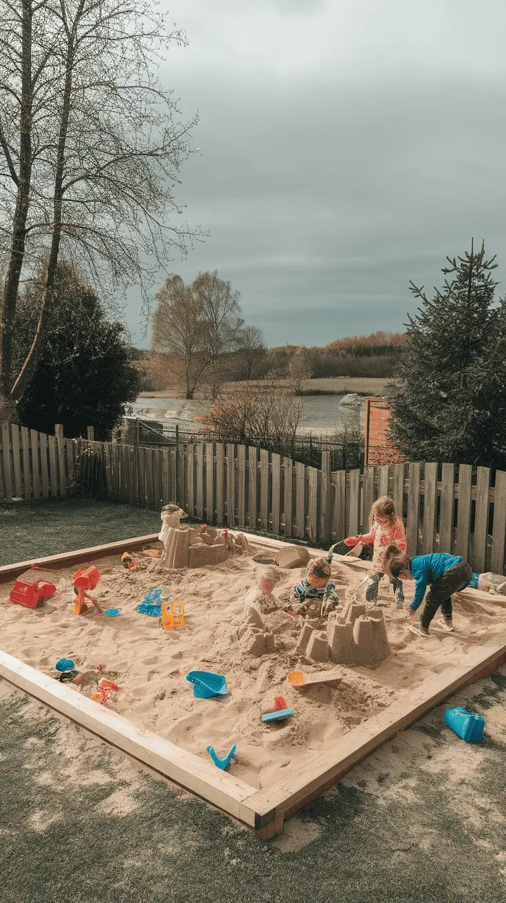 Children playing in a sandbox in a backyard setting, surrounded by trees and a wooden fence.