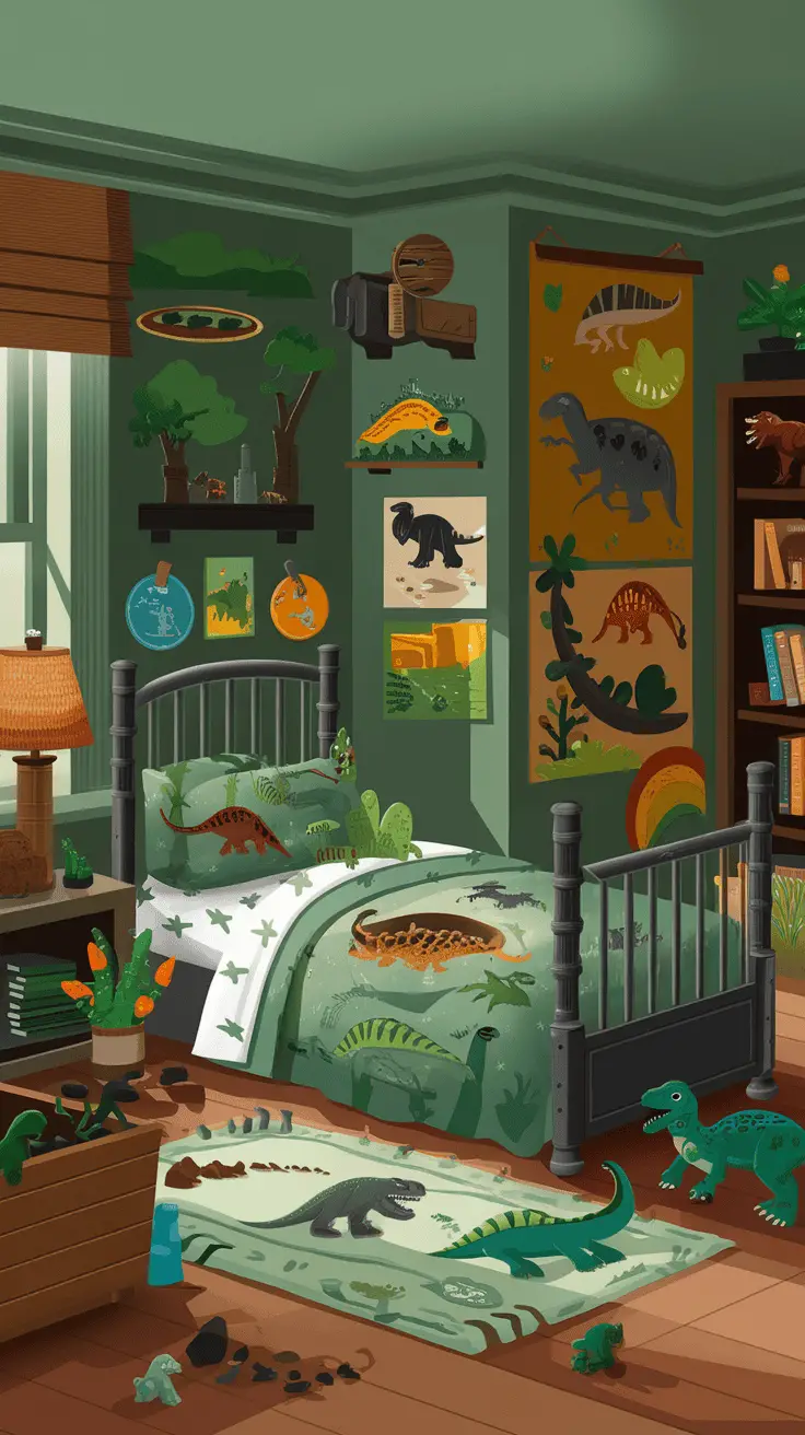 Dinosaur-themed bedroom with green walls, dino bedding, and playful decor.