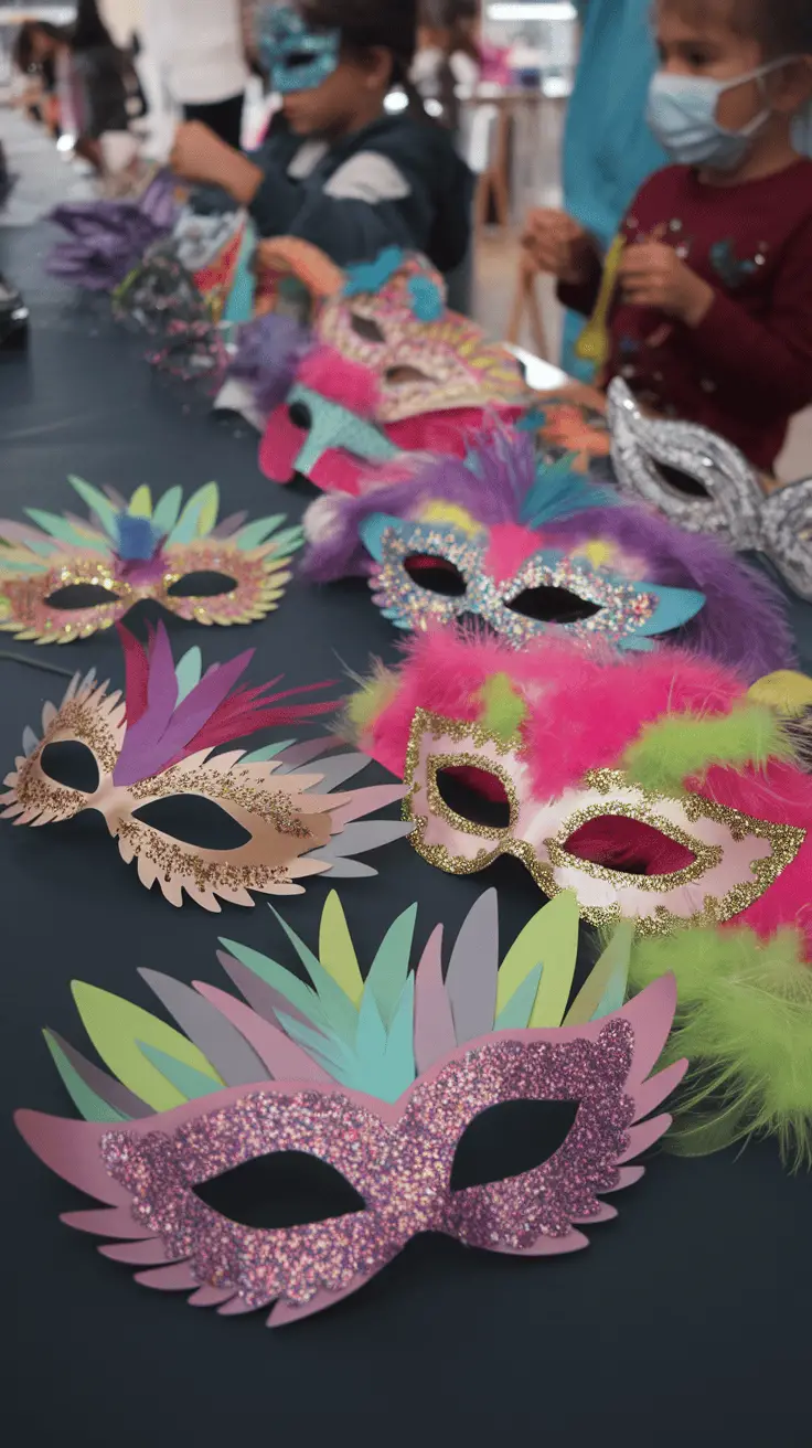 Colorful DIY paper masks displayed on a table, with children crafting in the background.