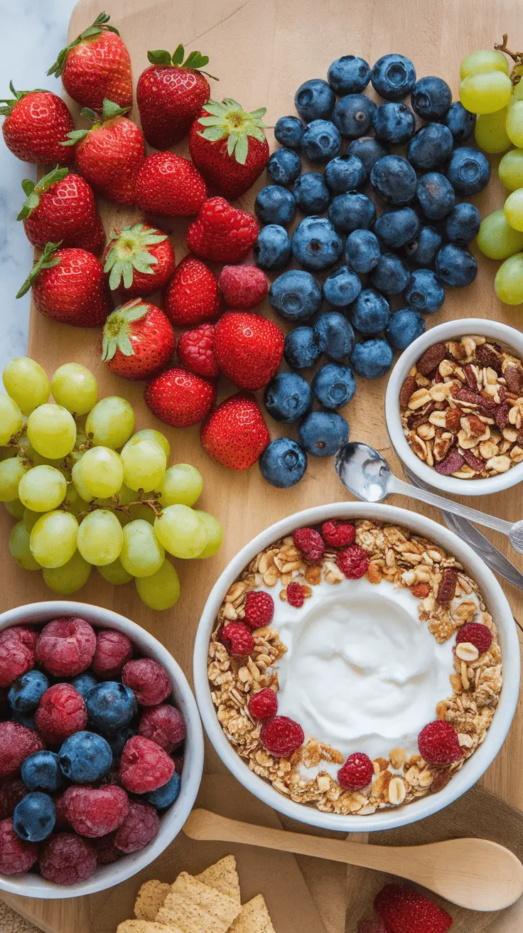 A colorful arrangement of fresh fruits and yogurt with granola on a wooden platter.