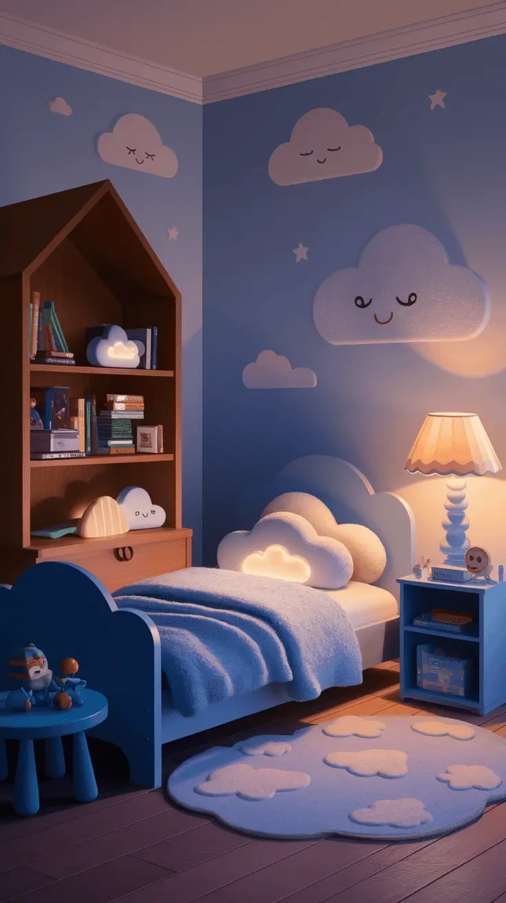 A cozy toddler boy bedroom with cloud-themed decor, featuring a cloud bed, bookshelf, and playful toys.