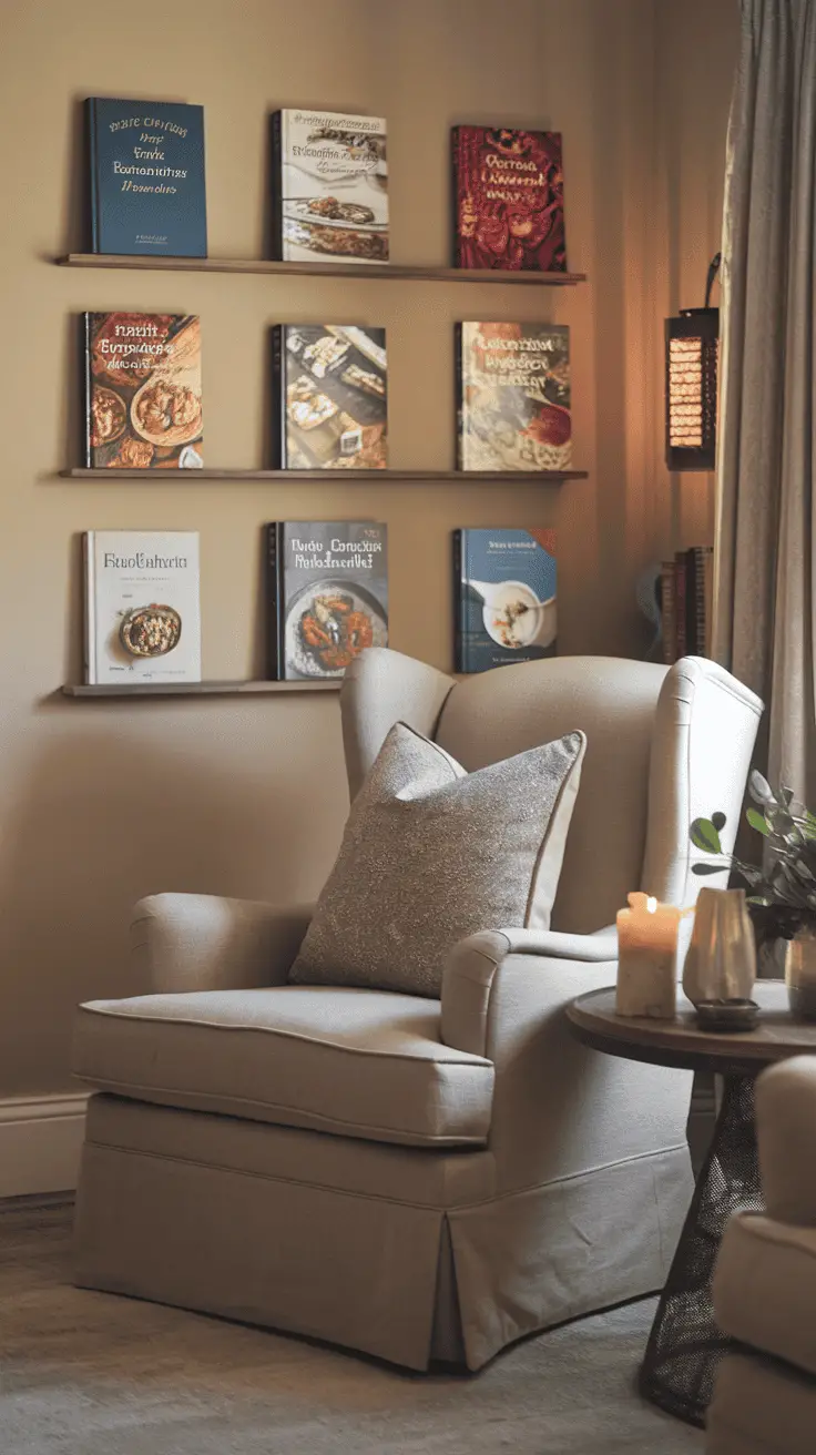 A cozy reading corner featuring a comfortable chair and a shelf lined with various cookbooks.