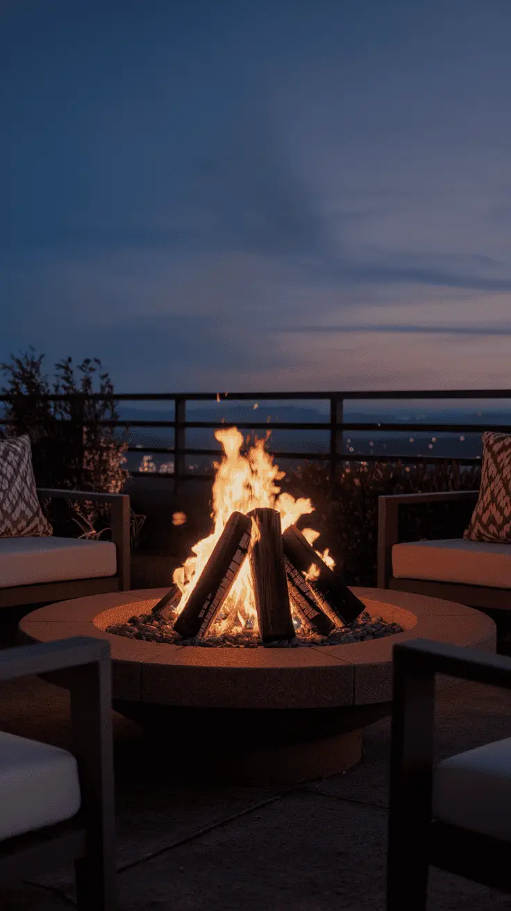 A cozy fire pit surrounded by seating, glowing warmly as night falls.