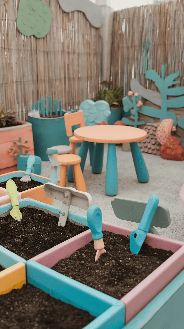 Colorful mini planters and a play area for kids with gardening tools