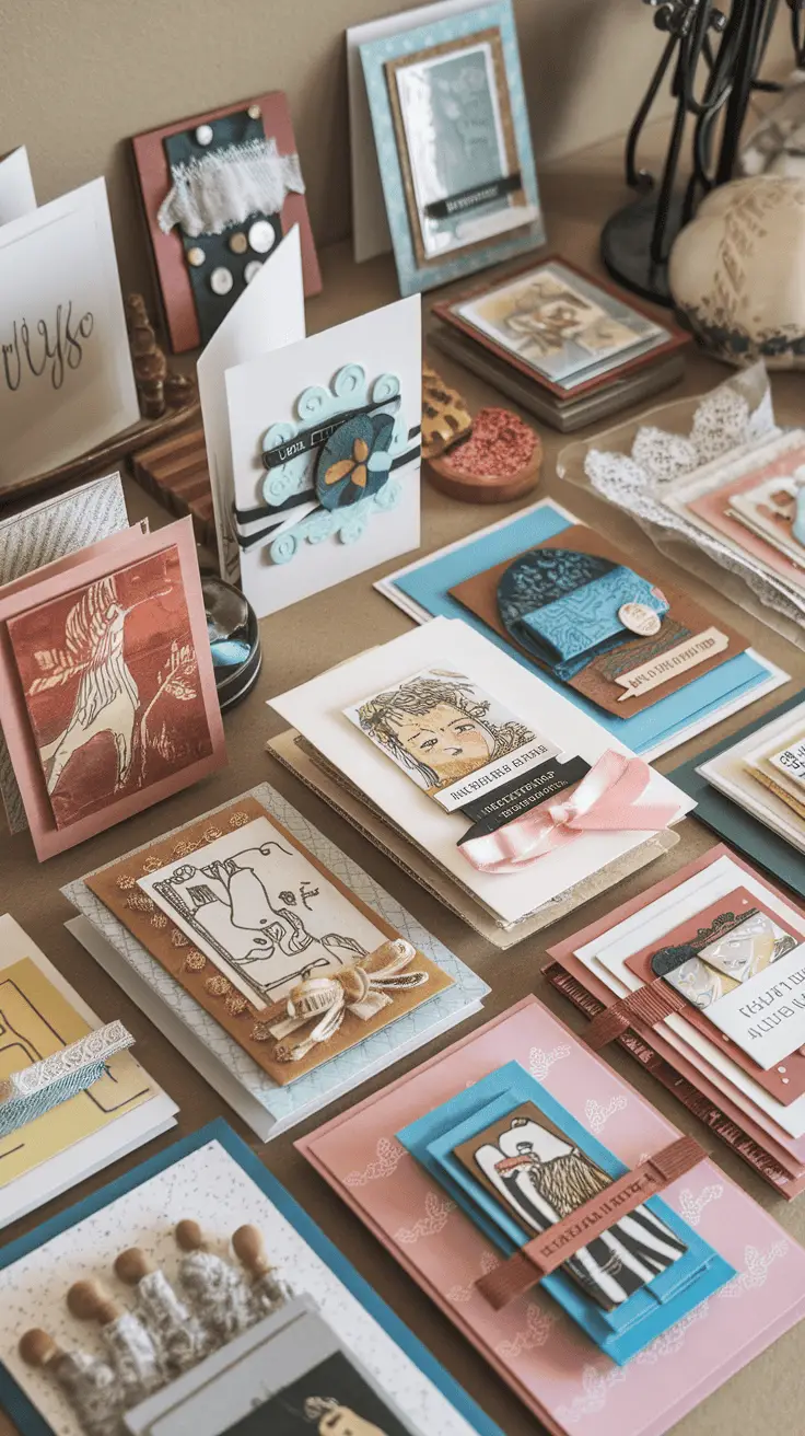 A collection of handmade greeting cards displayed on a table.