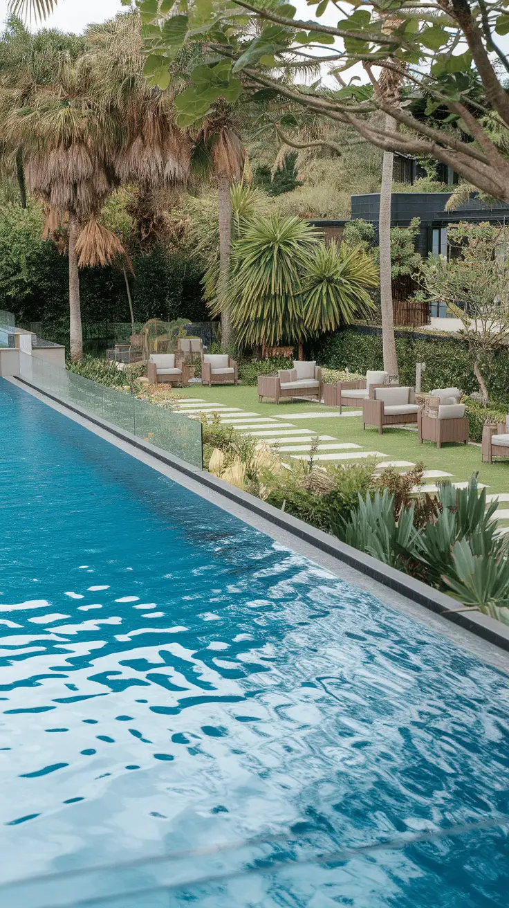 Infinity pool with a clear view of a green garden and comfortable seating areas