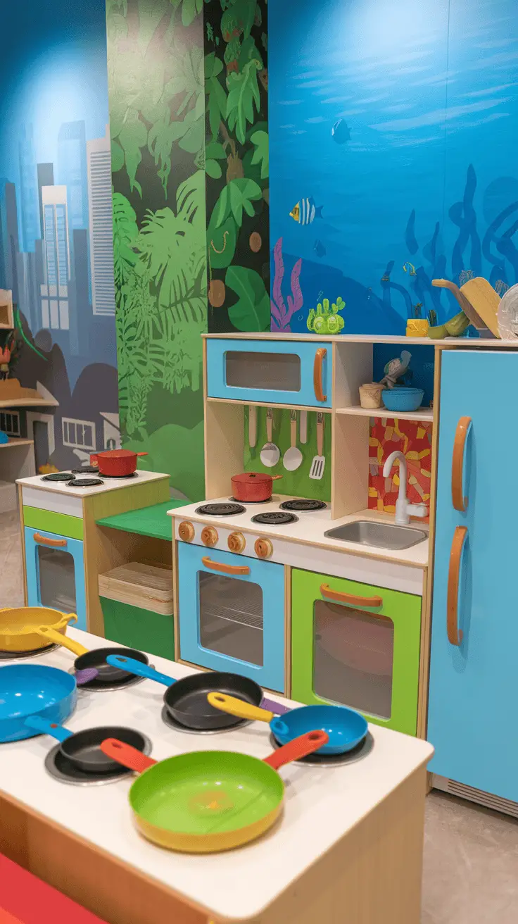 A colorful kids' kitchen play area featuring toy pots, pans, and a vibrant decor with city and ocean themes.