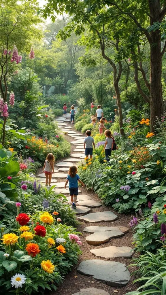 Children walking along a stone path in a vibrant garden filled with colorful flowers and greenery.