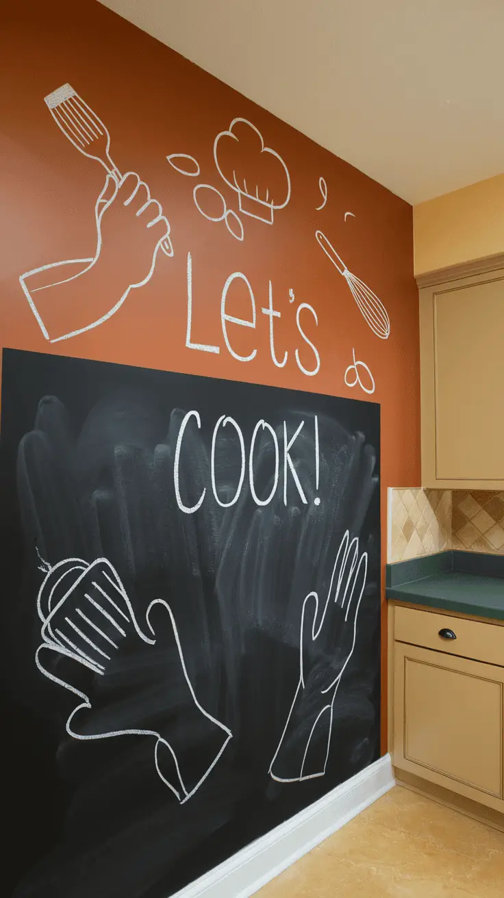 Interactive recipe wall with cooking graphics and chalkboard for kids