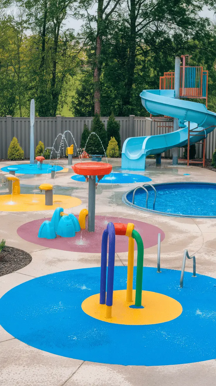 Children playing in a vibrant water play area with slides and fountains.