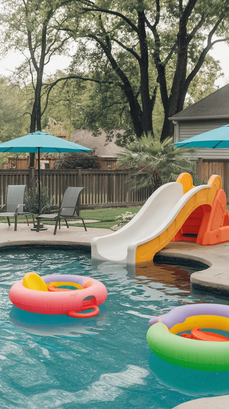 A kid-friendly pool featuring a colorful water slide, inflatable rings, and lounge chairs under teal umbrellas.