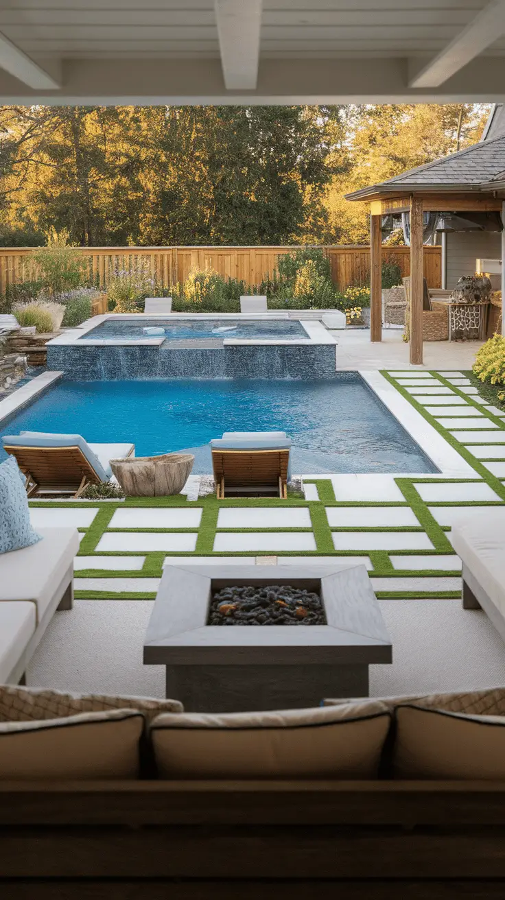 L-shaped pool with a waterfall and outdoor lounge area featuring comfortable seating and a fire pit.