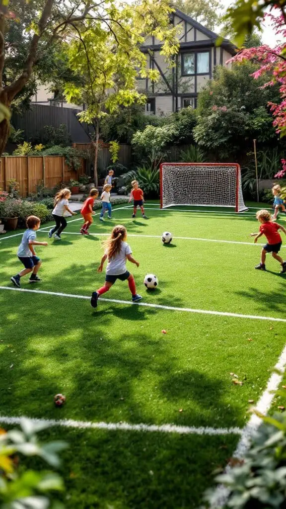 Kids playing soccer on a mini sports field in a backyard