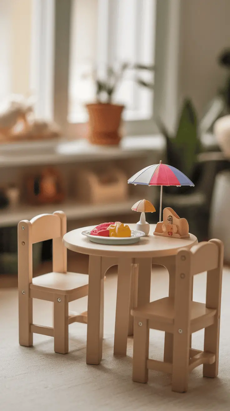 A miniature dining table with two chairs, set with colorful food and umbrellas.