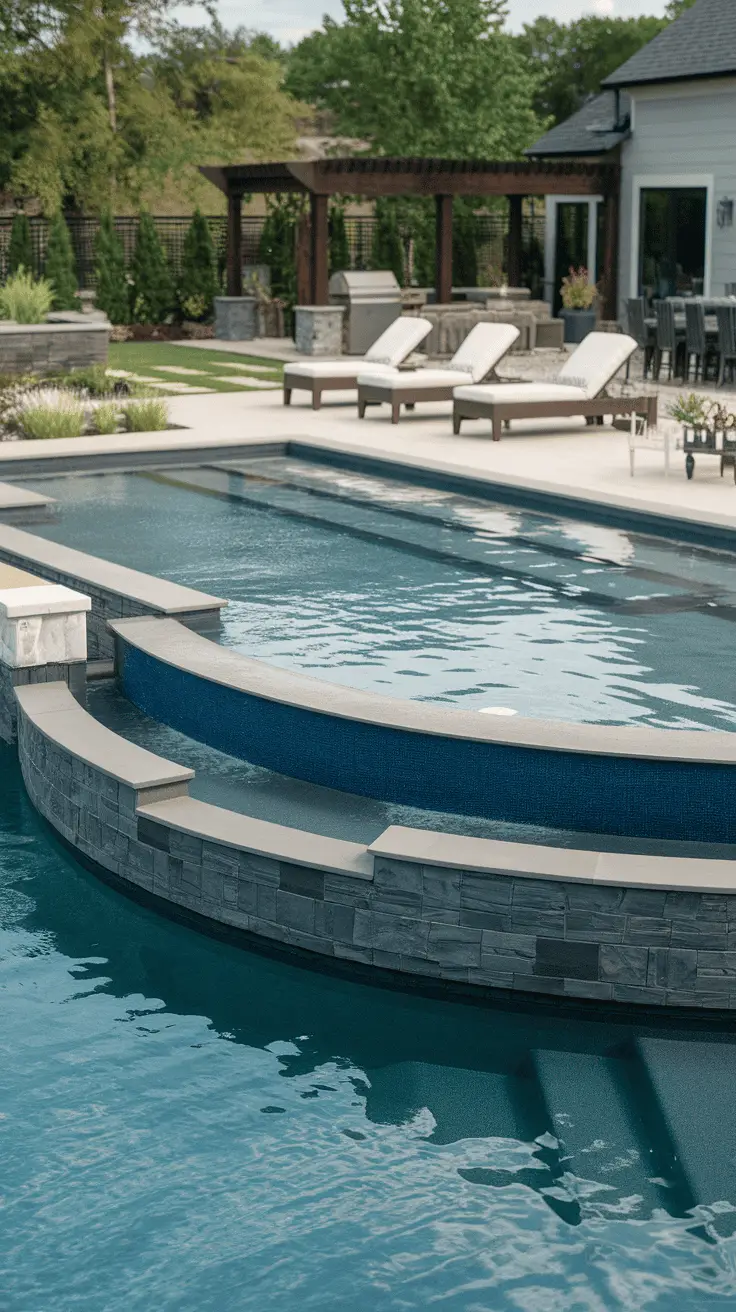 A multi-level pool with sun shelves, surrounded by a stylish deck and lounge chairs.