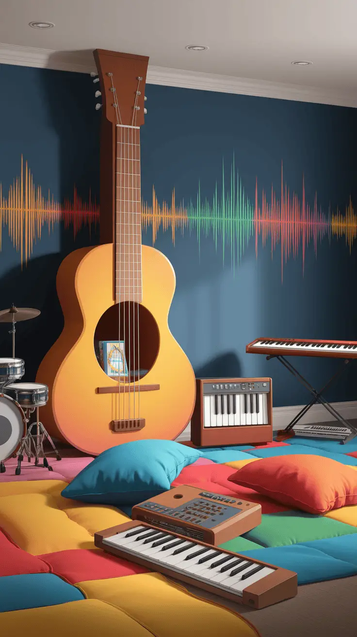 A colorful musical studio with a large guitar, various instruments, and vibrant cushions, ideal for a toddler boy's bedroom.