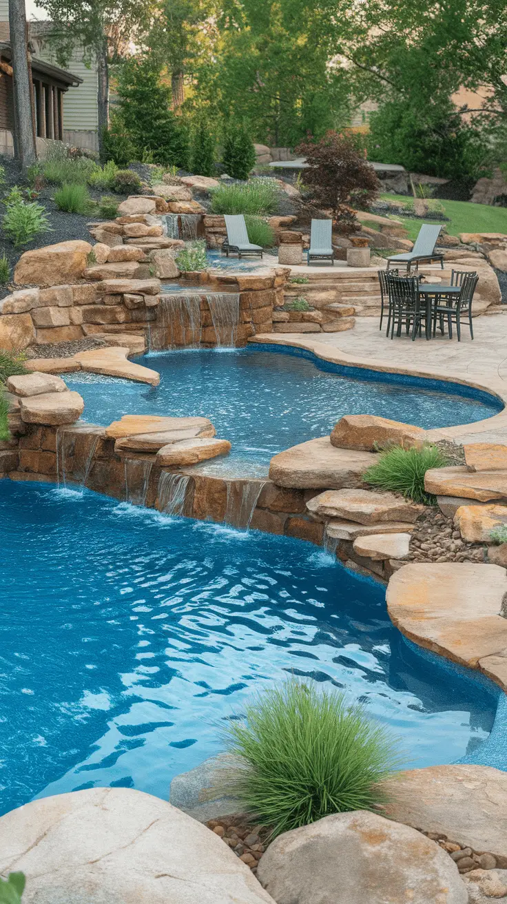 A natural lagoon pool with waterfalls, surrounded by stone and lush greenery.