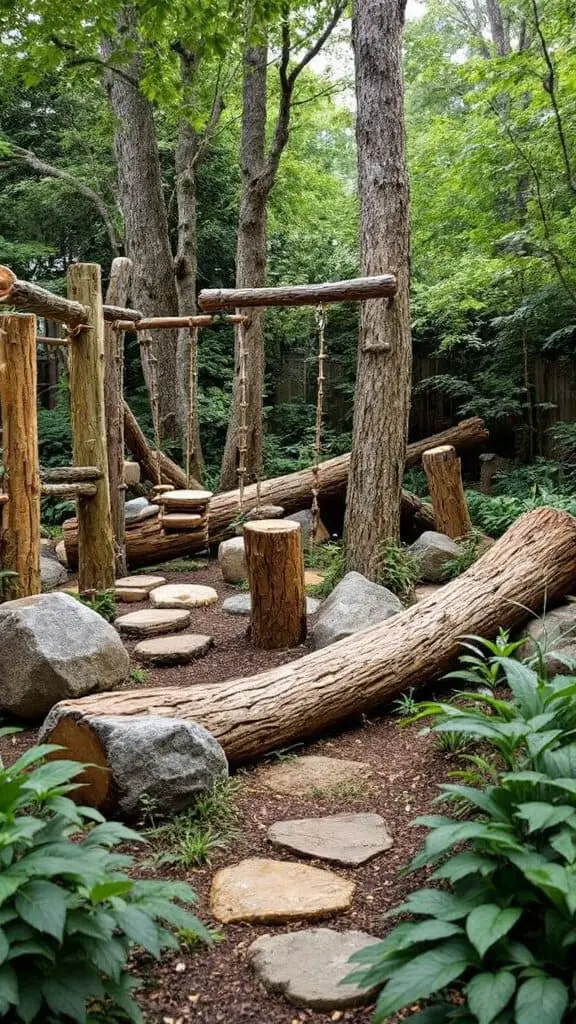 A natural playground featuring logs, stones, and greenery, designed for kids to play outdoors.