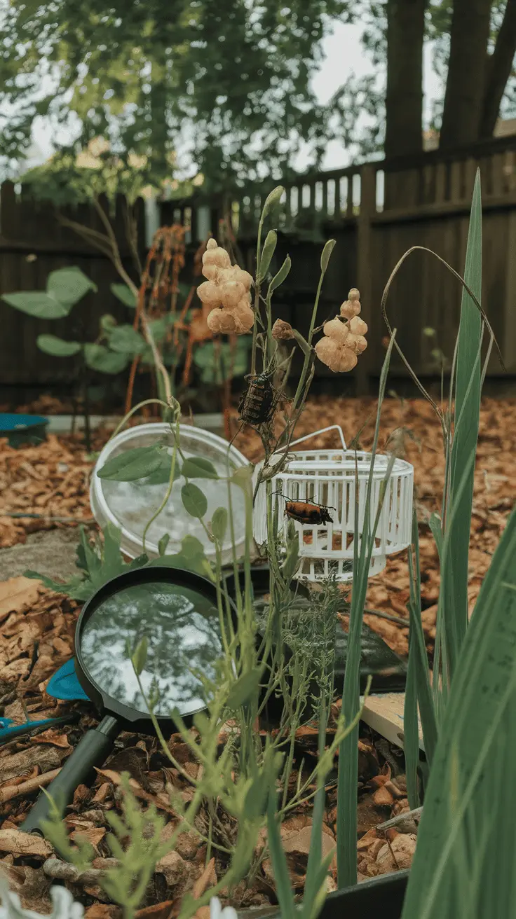 Children exploring a backyard garden with greenery and flowers.