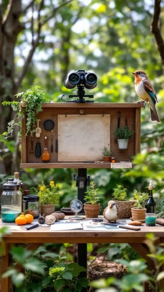 A nature exploration zone featuring binoculars, plants, and a friendly bird.