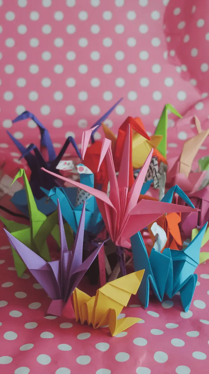 Colorful origami creations on a pink polka dot background