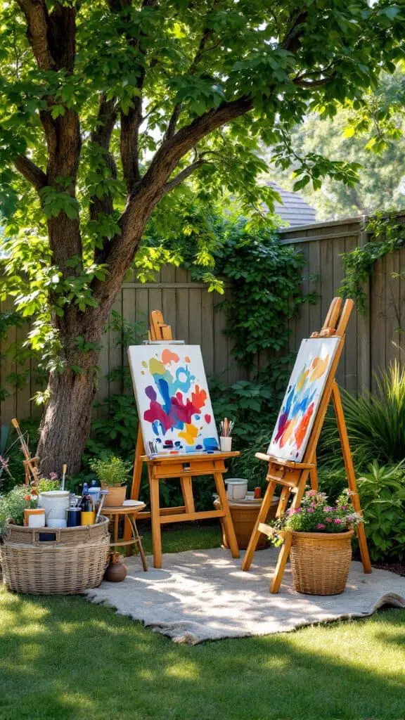 Outdoor art corner featuring easels and art supplies surrounded by greenery.