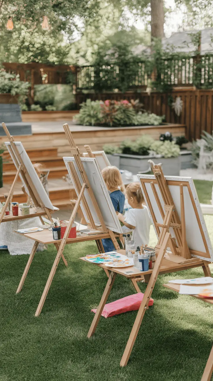 Children participating in an outdoor painting session with easels in a backyard setting.