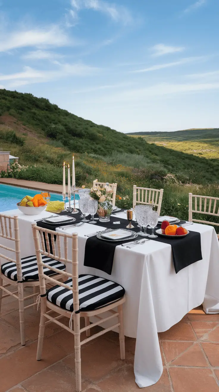 A beautifully set outdoor dining table with fruits, elegant glassware, and scenic views of rolling hills.