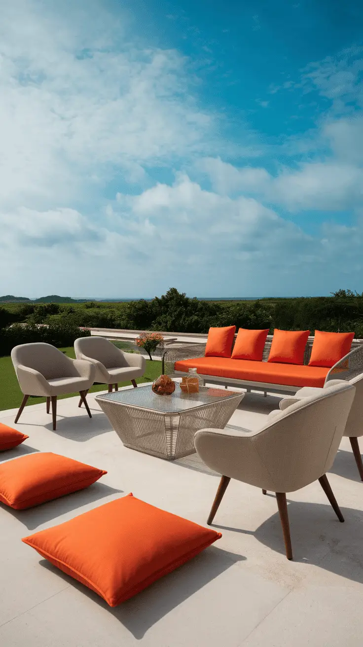 Outdoor lounge area with stylish furniture featuring orange cushions, a coffee table, and a scenic background.