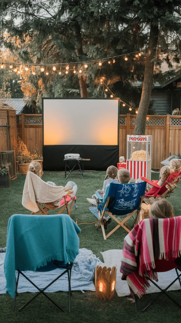 Children sitting in chairs watching a movie outdoors with a screen and popcorn cart.