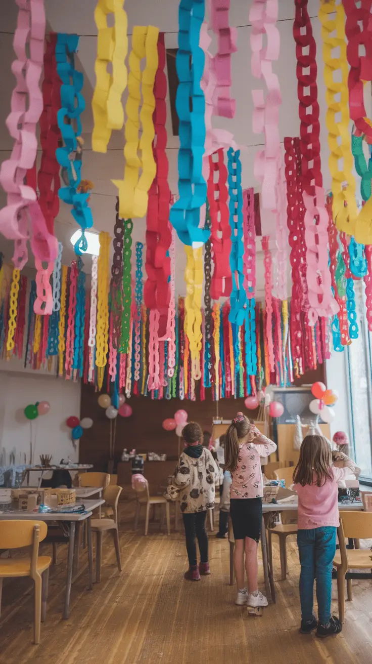 Colorful paper chain decorations hanging from the ceiling with children admiring them