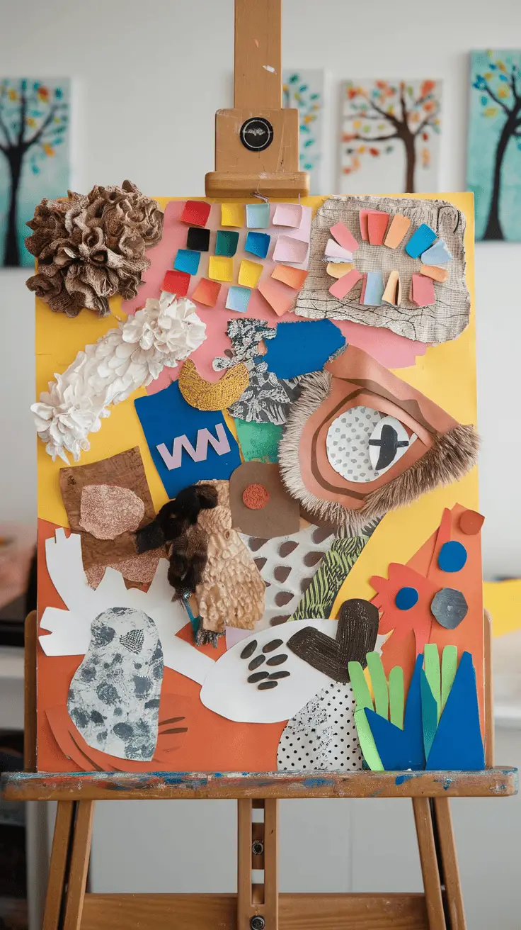 A colorful paper collage displayed on an easel, featuring various textured and shaped paper pieces.