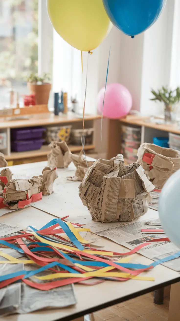 Crafting area with colorful balloons and paper mache projects in progress, featuring various newspaper shapes and colorful paper strips.